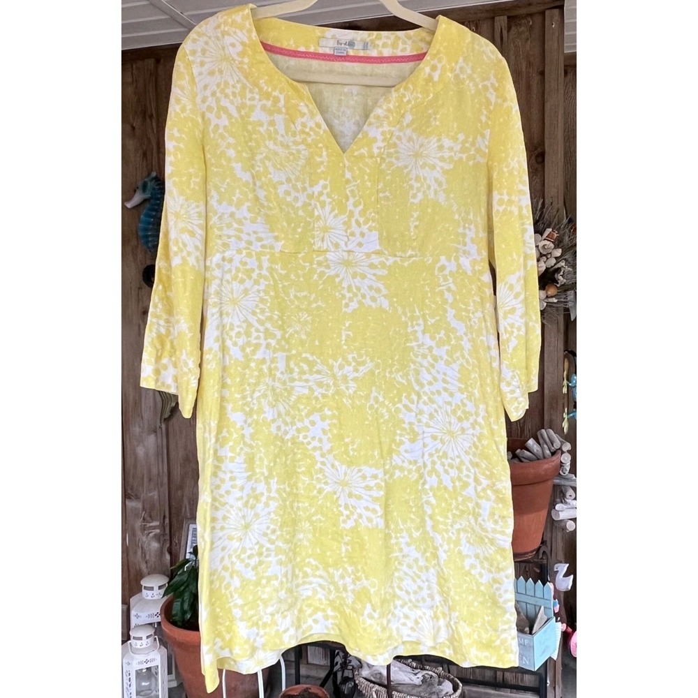 Boden Yellow White Linen Dress Womens 8R 3/4 Sleeve V Neck Knee Length MSRP $130